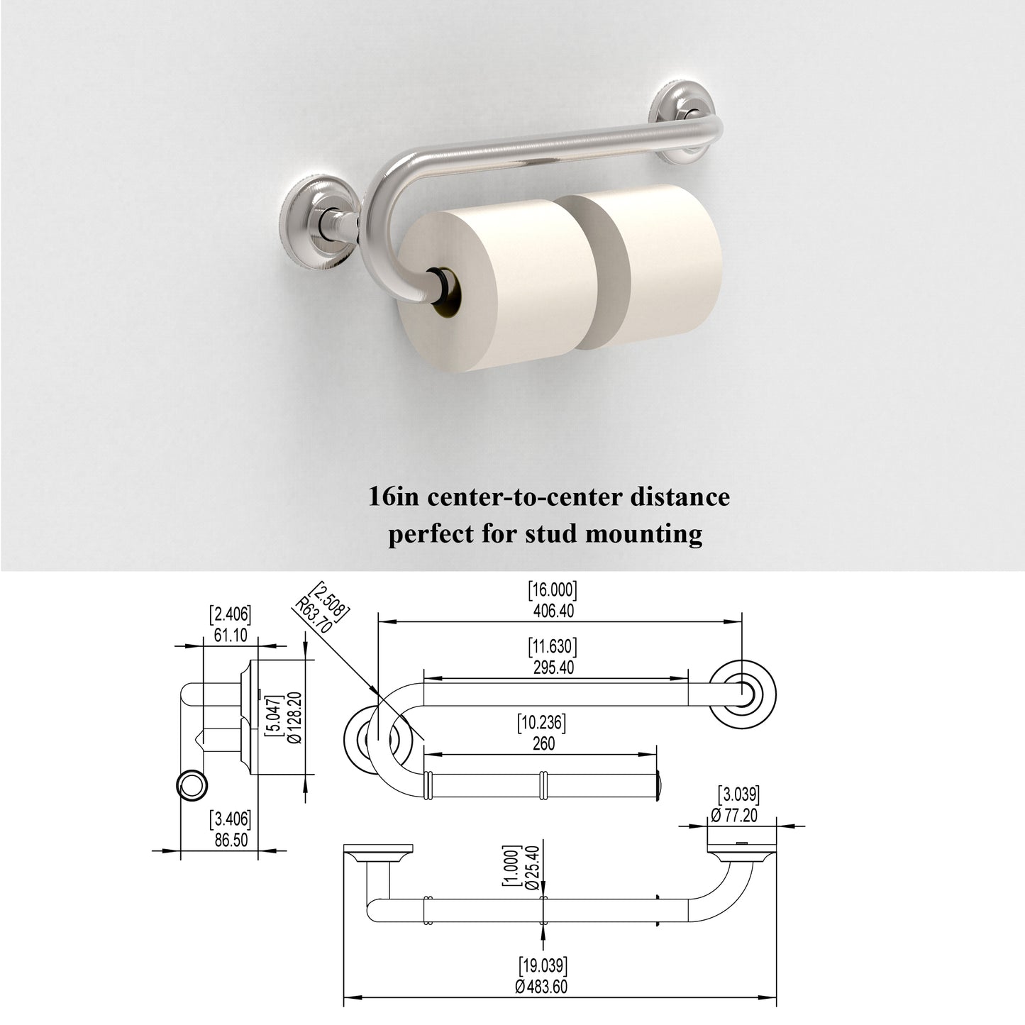 Grab Bar with Toilet Paper Holder (for 2 Mega Rolls)