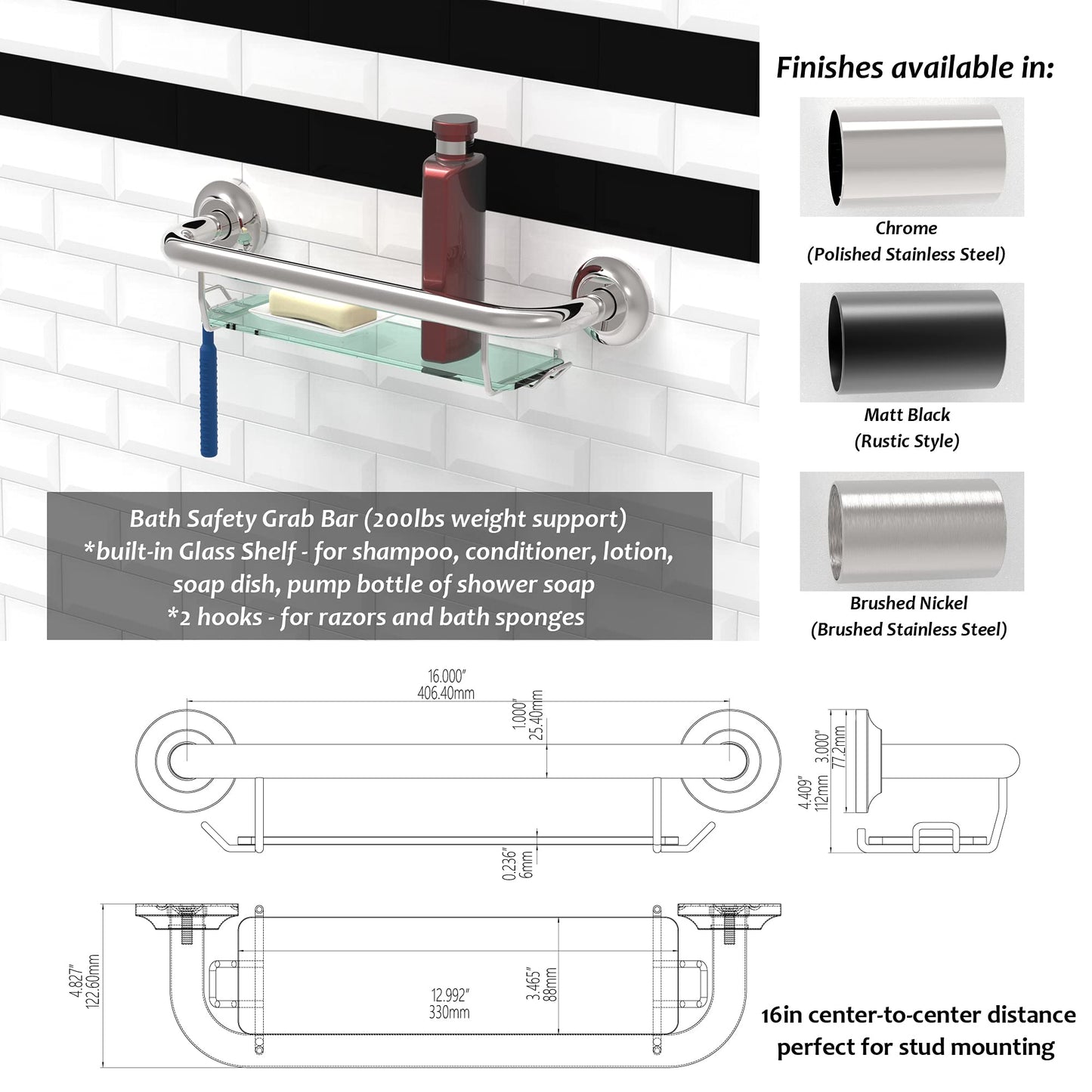 Shower Grab Bar w/ Glass Shelves