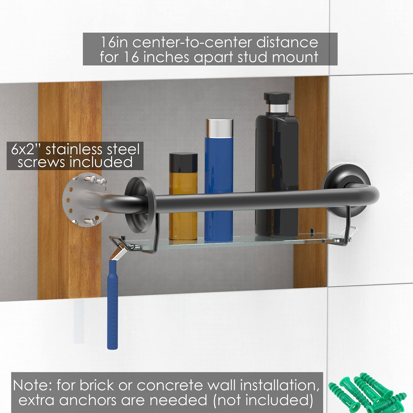 Shower Grab Bar w/ Glass Shelves