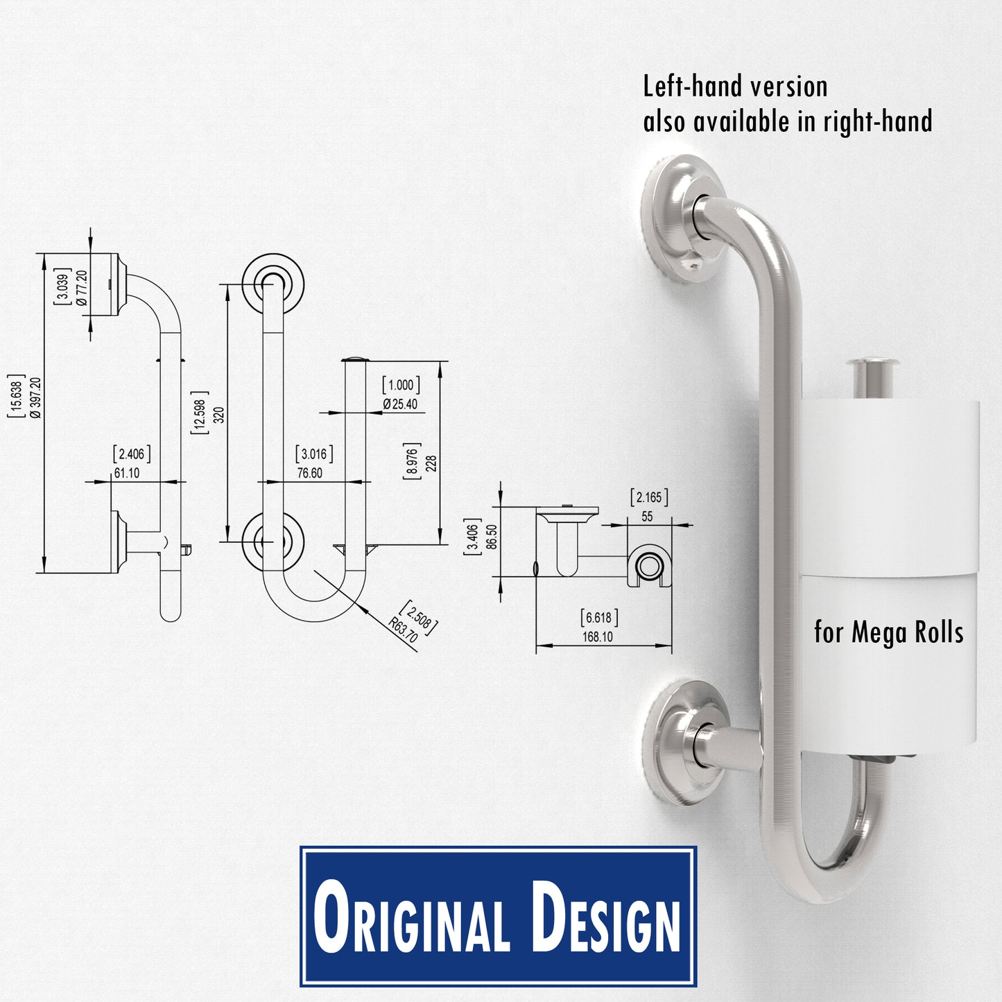 Grab Bar with Toilet Paper Holder (for 2 Mega Rolls)