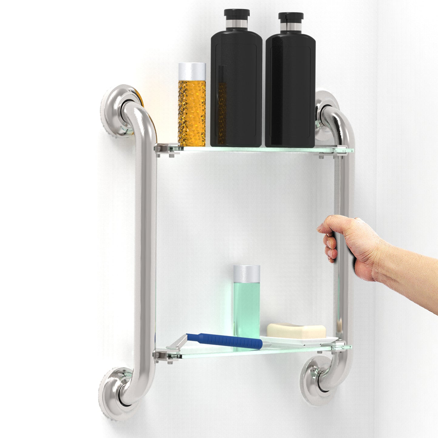 Shower Grab Bar w/ Glass Shelves