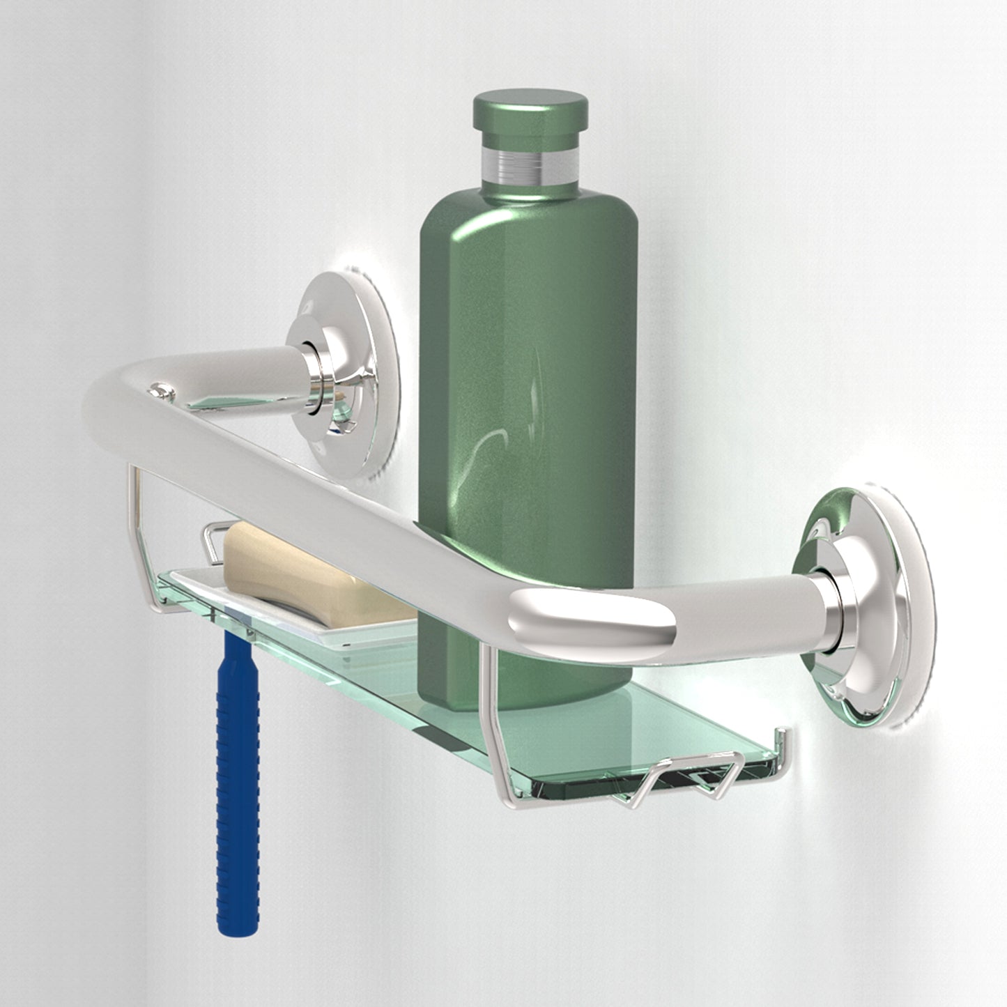 Shower Grab Bar w/ Glass Shelves