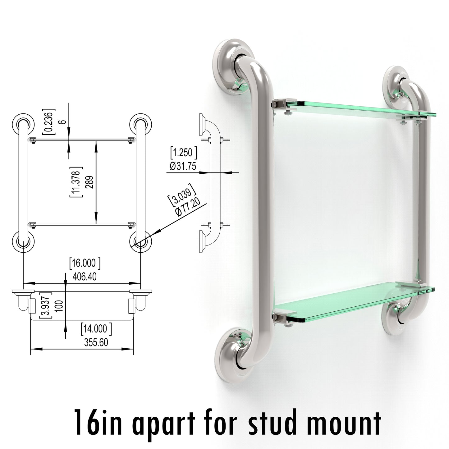 Shower Grab Bar w/ Glass Shelves