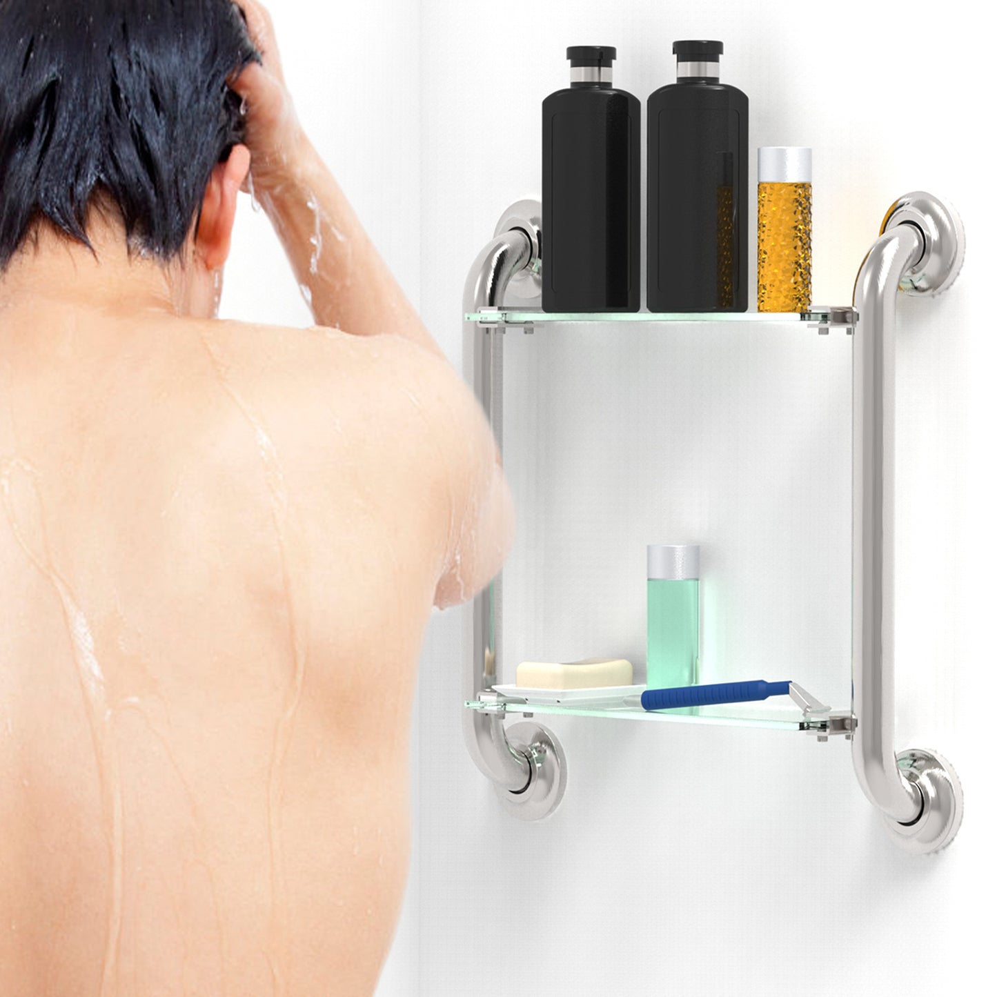 Shower Grab Bar w/ Glass Shelves