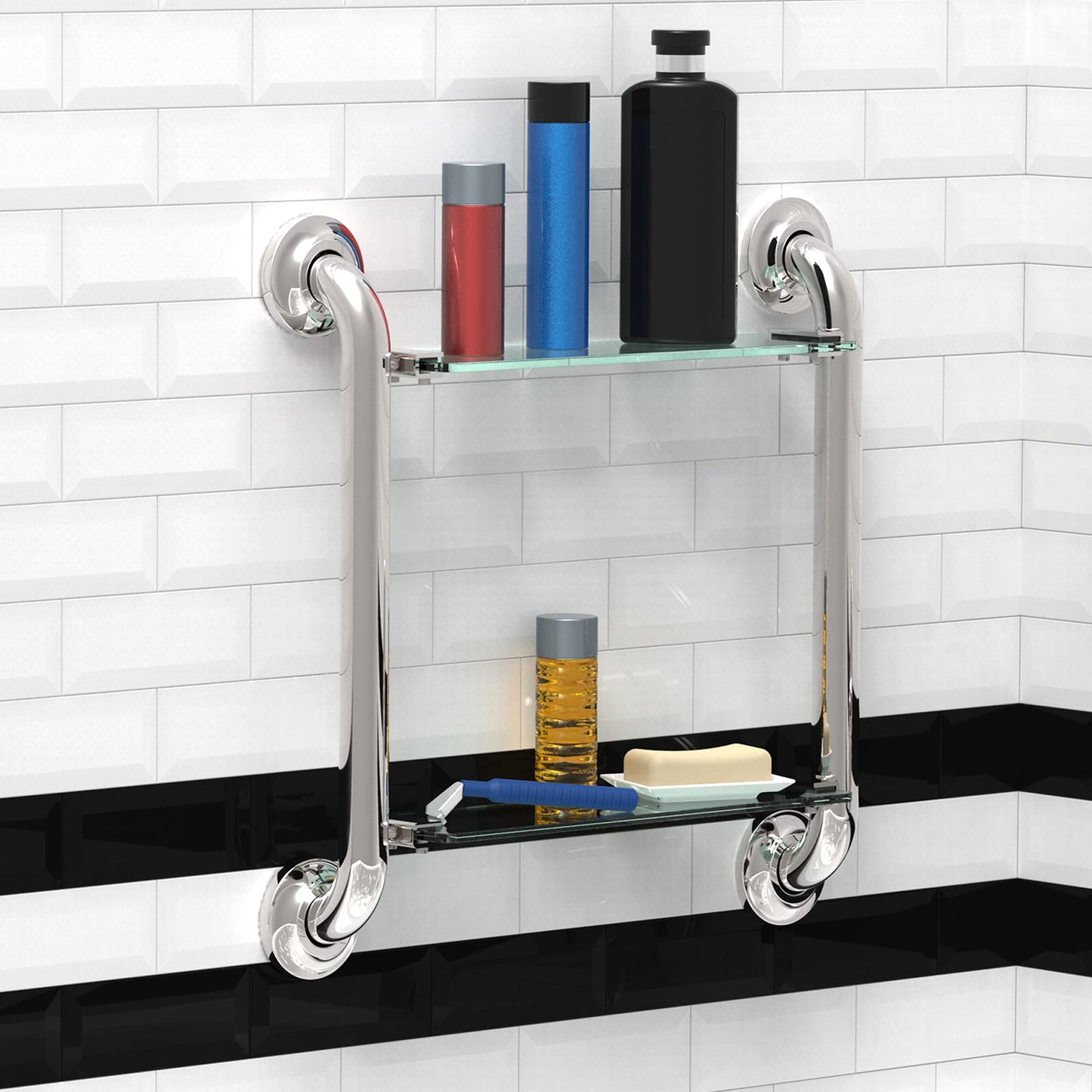 Shower Grab Bar w/ Glass Shelves