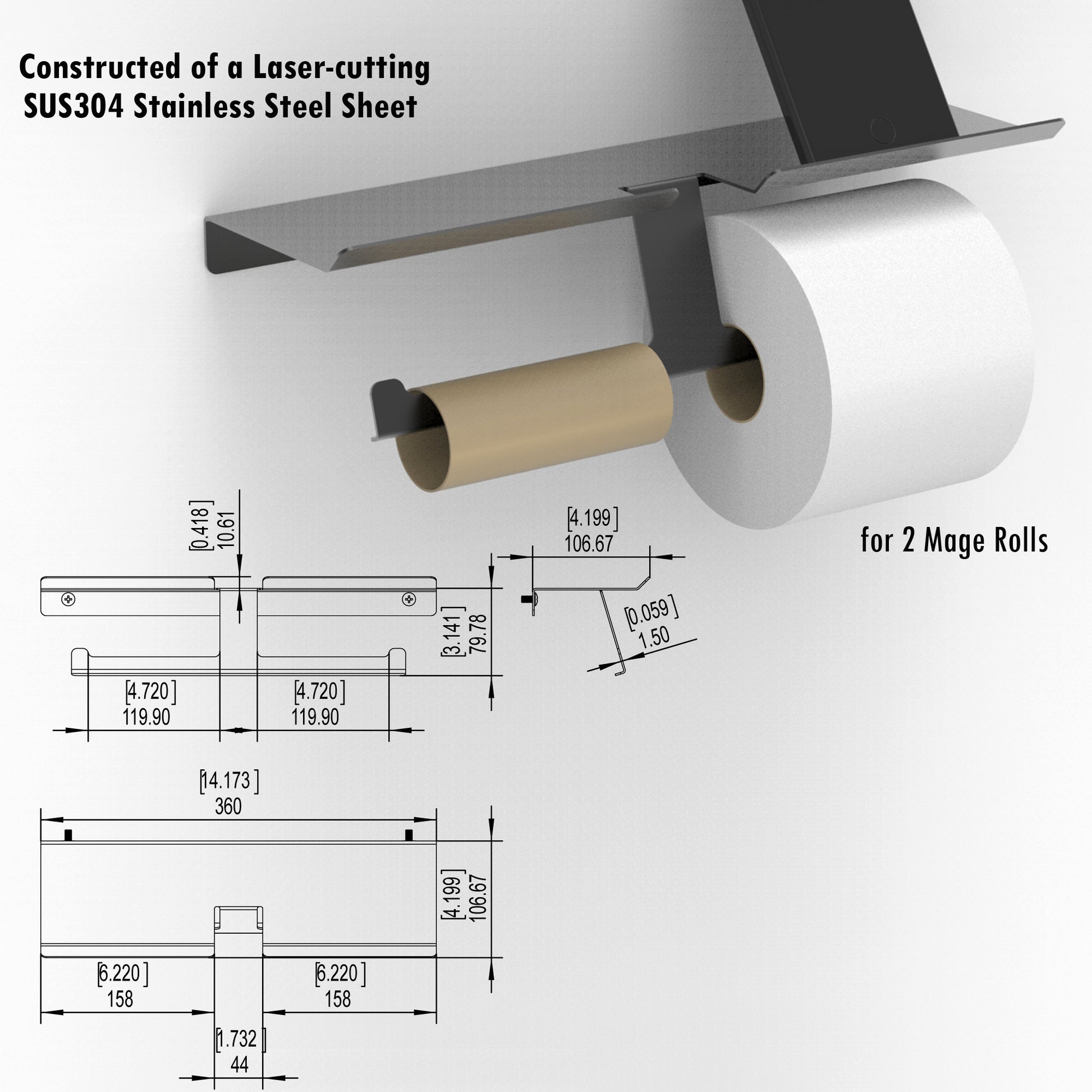 LAYUKI Large Toilet Paper Holder with Shelf, Wipes Dispenser and Storage, Stainless Steel, Wall Mounted, Matt Black, Upgraded