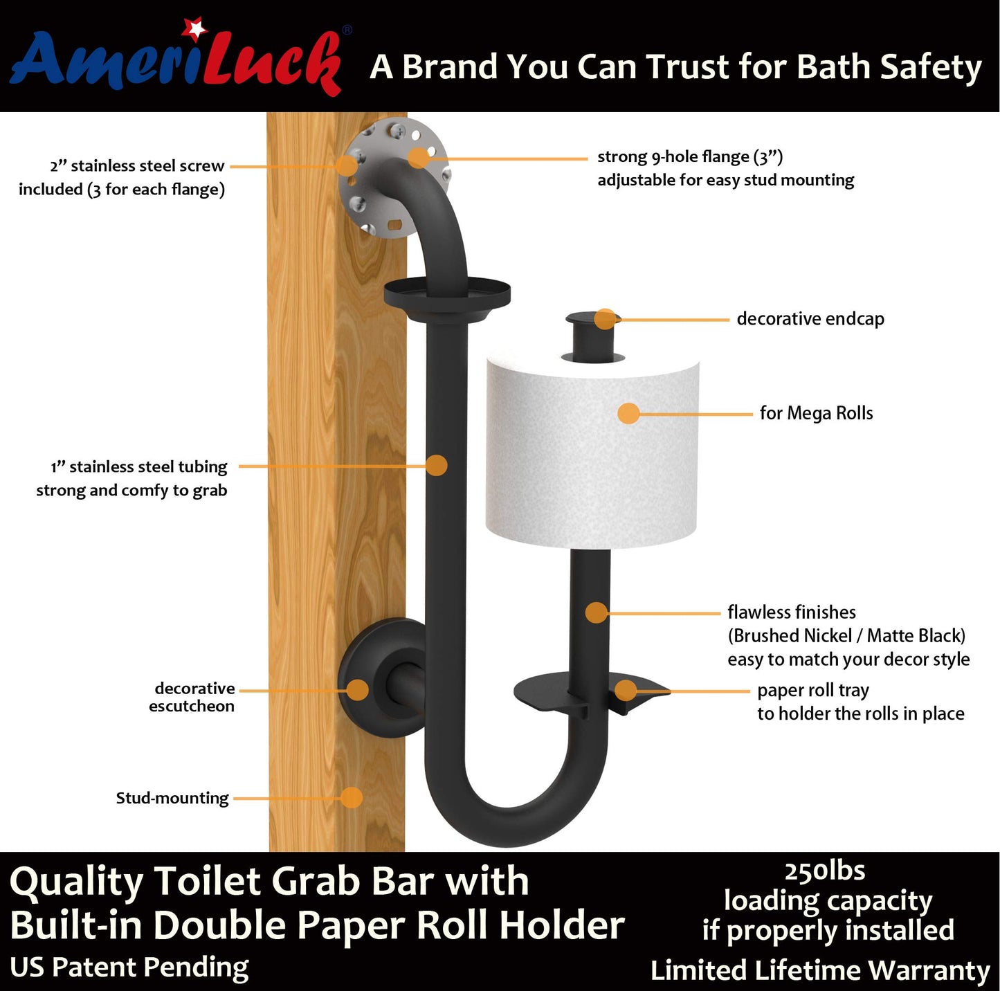 Grab Bar with Toilet Paper Holder (for 2 Mega Rolls)