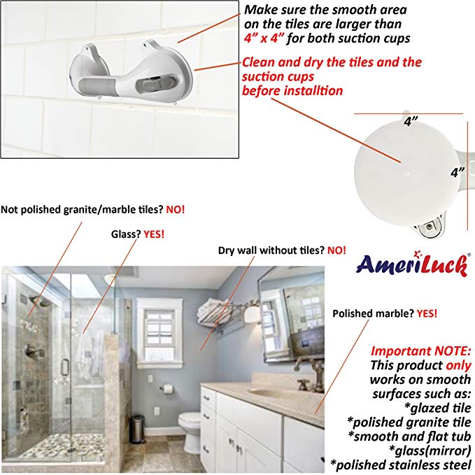  AmeriLuck Suction Bath Grab Bar 12in with Indicators, Bathroom  Shower Handle (White/Grey, Pack of 1) : Health & Household