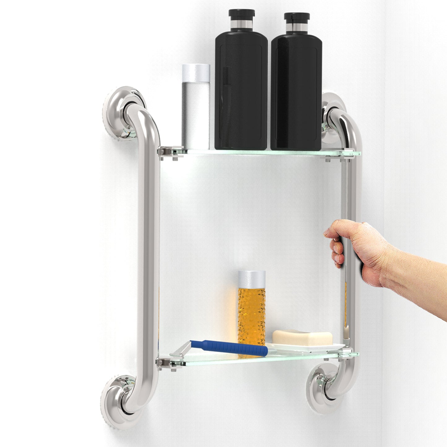 Shower Grab Bar w/ Glass Shelves