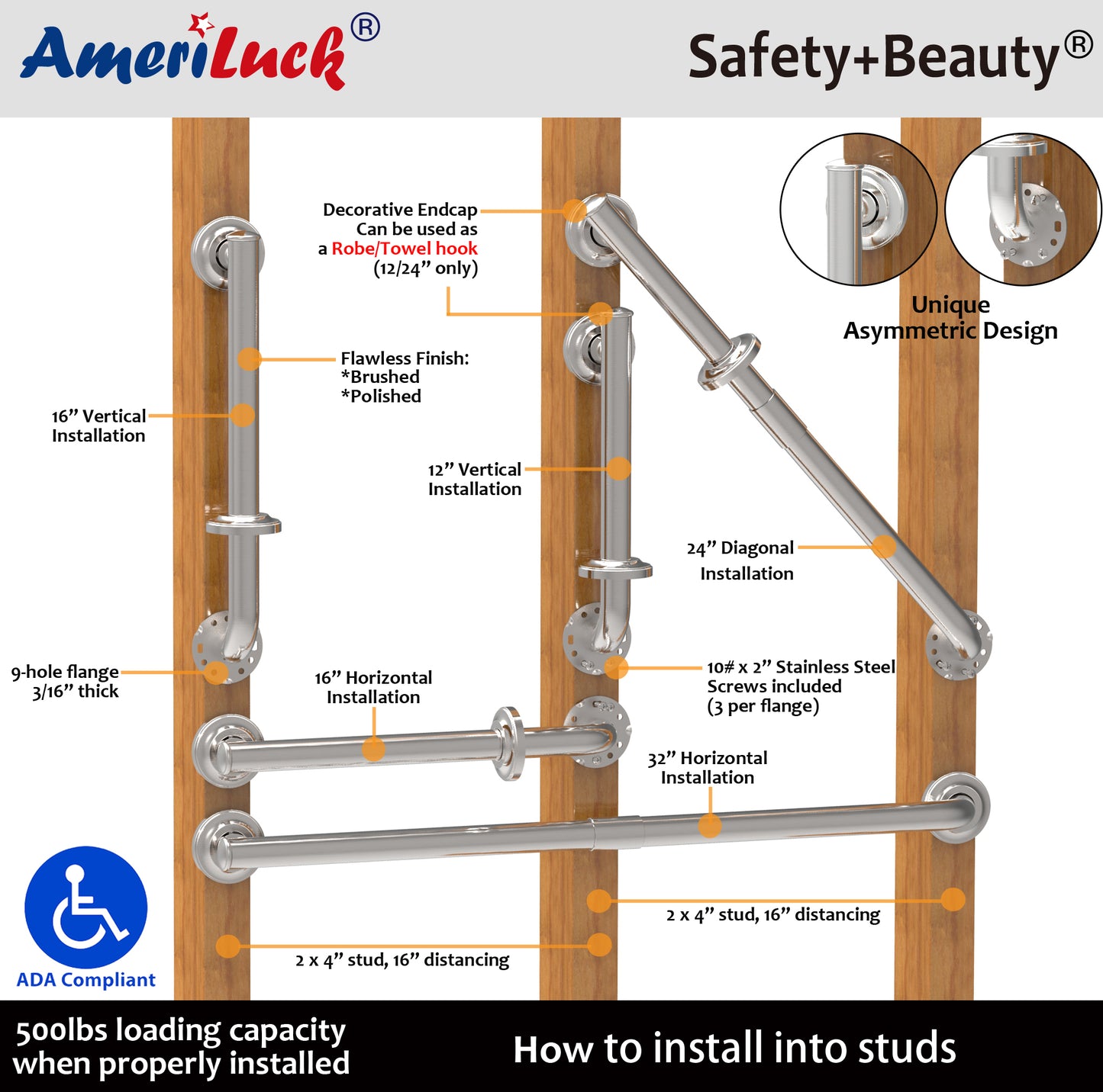 Grab Bar w/ Asymmetrical Design, Collection Chelsea